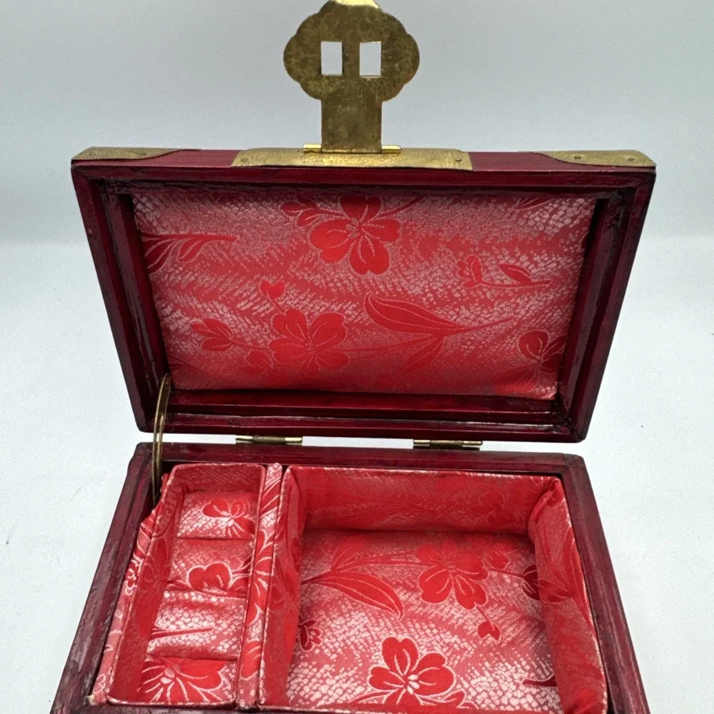 Vintage Chinese Rosewood Jewelry Box Jade Inlay Brass & Silk Accents